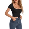 image:imageMANGOPOP Womens Square Neck Short Sleeve Long Sleeve Bodysuit Sexy Body Suits Shirt Slim Fitted Tops01 Black Short Sleeve
