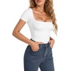 image:imageMANGOPOP Womens Square Neck Short Sleeve Long Sleeve Bodysuit Sexy Body Suits Shirt Slim Fitted Tops01 White Short Sleeve