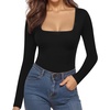 image:imageMANGOPOP Womens Square Neck Short Sleeve Long Sleeve Bodysuit Sexy Body Suits Shirt Slim Fitted Tops02 Black Long Sleeve