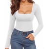 image:imageMANGOPOP Womens Square Neck Short Sleeve Long Sleeve Bodysuit Sexy Body Suits Shirt Slim Fitted Tops02 White Long Sleeve