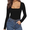image:imageMANGOPOP Womens Square Neck Short Sleeve Long Sleeve Bodysuit Sexy Body Suits Shirt Slim Fitted Tops03 Black Fleece Lined