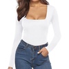 image:imageMANGOPOP Womens Square Neck Short Sleeve Long Sleeve Bodysuit Sexy Body Suits Shirt Slim Fitted Tops03 White Fleece Lined