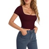 image:imageMANGOPOP Womens Square Neck Short Sleeve Long Sleeve Bodysuit Sexy Body Suits Shirt Slim Fitted Tops04 Burgundy Short Sleeve