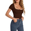image:imageMANGOPOP Womens Square Neck Short Sleeve Long Sleeve Bodysuit Sexy Body Suits Shirt Slim Fitted Tops04 Coffee Short Sleeve