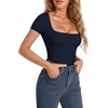 image:imageMANGOPOP Womens Square Neck Short Sleeve Long Sleeve Bodysuit Sexy Body Suits Shirt Slim Fitted Tops04 Deep Blue Short Sleeve