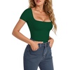 image:imageMANGOPOP Womens Square Neck Short Sleeve Long Sleeve Bodysuit Sexy Body Suits Shirt Slim Fitted Tops04 Deep Green Short Sleeve