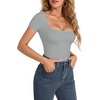 image:imageMANGOPOP Womens Square Neck Short Sleeve Long Sleeve Bodysuit Sexy Body Suits Shirt Slim Fitted Tops04 Elephant Grey Short Sleeve