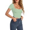 image:imageMANGOPOP Womens Square Neck Short Sleeve Long Sleeve Bodysuit Sexy Body Suits Shirt Slim Fitted Tops04 Fern Green Short Sleeve
