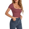 image:imageMANGOPOP Womens Square Neck Short Sleeve Long Sleeve Bodysuit Sexy Body Suits Shirt Slim Fitted Tops04 Marsala Short Sleeve