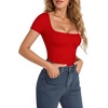 image:imageMANGOPOP Womens Square Neck Short Sleeve Long Sleeve Bodysuit Sexy Body Suits Shirt Slim Fitted Tops04 Red Short Sleeve