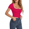 image:imageMANGOPOP Womens Square Neck Short Sleeve Long Sleeve Bodysuit Sexy Body Suits Shirt Slim Fitted Tops04 Rose Pink Short Sleeve
