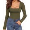 image:imageMANGOPOP Womens Square Neck Short Sleeve Long Sleeve Bodysuit Sexy Body Suits Shirt Slim Fitted Tops05 Army Green Long Sleeve