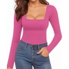 image:imageMANGOPOP Womens Square Neck Short Sleeve Long Sleeve Bodysuit Sexy Body Suits Shirt Slim Fitted Tops05 Blush Long Sleeve