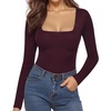 image:imageMANGOPOP Womens Square Neck Short Sleeve Long Sleeve Bodysuit Sexy Body Suits Shirt Slim Fitted Tops05 Burgundy Long Sleeve