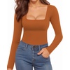 image:imageMANGOPOP Womens Square Neck Short Sleeve Long Sleeve Bodysuit Sexy Body Suits Shirt Slim Fitted Tops05 Camel Long Sleeve