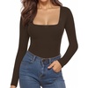 image:imageMANGOPOP Womens Square Neck Short Sleeve Long Sleeve Bodysuit Sexy Body Suits Shirt Slim Fitted Tops05 Coffee Long Sleeve