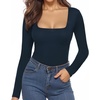 image:imageMANGOPOP Womens Square Neck Short Sleeve Long Sleeve Bodysuit Sexy Body Suits Shirt Slim Fitted Tops05 Deep Blue Long Sleeve