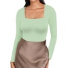 image:imageMANGOPOP Womens Square Neck Short Sleeve Long Sleeve Bodysuit Sexy Body Suits Shirt Slim Fitted Tops05 Fern Green Long Sleeve