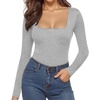image:imageMANGOPOP Womens Square Neck Short Sleeve Long Sleeve Bodysuit Sexy Body Suits Shirt Slim Fitted Tops05 Light Heather Grey Long Sleeve
