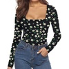 image:imageMANGOPOP Womens Square Neck Short Sleeve Long Sleeve Bodysuit Sexy Body Suits Shirt Slim Fitted Tops05 Little Daisy Long Sleeve