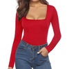 image:imageMANGOPOP Womens Square Neck Short Sleeve Long Sleeve Bodysuit Sexy Body Suits Shirt Slim Fitted Tops05 Red Long Sleeve