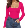 image:imageMANGOPOP Womens Square Neck Short Sleeve Long Sleeve Bodysuit Sexy Body Suits Shirt Slim Fitted Tops05 Rose Pink Long Sleeve