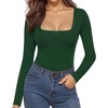 image:imageMANGOPOP Womens Square Neck Short Sleeve Long Sleeve Bodysuit Sexy Body Suits Shirt Slim Fitted TopsDeep Green Fleece Lined