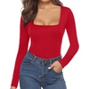 image:imageMANGOPOP Womens Square Neck Short Sleeve Long Sleeve Bodysuit Sexy Body Suits Shirt Slim Fitted TopsRed Fleece Lined
