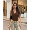 image:imageMANGOPOP Womens Wrap V Neck Ruched Sleeveless Thong Bodysuit Double Lined Fitted Tank Body Suit Top 2026Coffee
