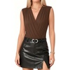 image:imageMANGOPOP Womens Wrap V Neck Ruched Sleeveless Thong Bodysuit Double Lined Fitted Tank Body Suit Top 2026Coffee