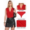image:imageMANGOPOP Womens Wrap V Neck Ruched Sleeveless Thong Bodysuit Double Lined Fitted Tank Body Suit Top 2026Red
