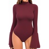 image:imageMANGOPOP Bell Sleeve Mock Neck Long Sleeve Bodysuit for Going Out Tops for WomenBurgundy