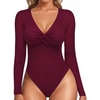 image:imageMANGOPOP Bodysuits for Women Deep V Neck Twist Knot Fitted Long Sleeve Bodysuit Basic Tops Casual T ShirtsBurgundy
