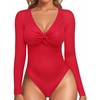 image:imageMANGOPOP Bodysuits for Women Deep V Neck Twist Knot Fitted Long Sleeve Bodysuit Basic Tops Casual T ShirtsRed