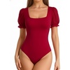 image:imageMANGOPOP Square Neck Long Sleeve Short Sleeve Bodysuit for Women Mesh Ruffle Sleeves Going Out Tops03 Short Sleeve Wine Red