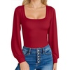 image:imageMANGOPOP Square Neck Puff Sleeve Bodysuit Loose Lantern Long Sleeve Body Suit for Women for Going OutWine Red