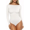 image:imageMANGOPOP Womens Boat Neck Long Sleeve Bodysuit Basic Thong Body Suit Fall Going Out Tops 202502 White