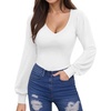 image:imageMANGOPOP Womens Bodysuit Long Sleeve V Neck Body Suit for Women Puff Sleeve Ribbed Bodysuits Shirts02 White