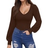 image:imageMANGOPOP Womens Bodysuit Long Sleeve V Neck Body Suit for Women Puff Sleeve Ribbed Bodysuits ShirtsCoffee