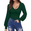 image:imageMANGOPOP Womens Bodysuit Long Sleeve V Neck Body Suit for Women Puff Sleeve Ribbed Bodysuits ShirtsDeep Green
