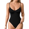 image:imageMANGOPOP Womens Cami Thong Bodysuit Double Lined Plunge Deep V Neck Backless Body Suit Adjustable Spaghetti Strap Tank TopsA01 Black