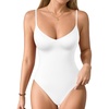 image:imageMANGOPOP Womens Cami Thong Bodysuit Double Lined Plunge Deep V Neck Backless Body Suit Adjustable Spaghetti Strap Tank TopsA02 White