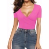 image:imageMANGOPOP Womens Cross Wrap Ruched Plunge Sexy Deep V Neck Slim Fit Short Sleeve T Shirt Tunic Tops TeeBlush