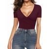image:imageMANGOPOP Womens Cross Wrap Ruched Plunge Sexy Deep V Neck Slim Fit Short Sleeve T Shirt Tunic Tops TeeBurgundy