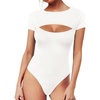 image:imageMANGOPOP Womens Cutout Front Long Sleeve Short Sleeve Bodysuit Round Neck Body Suits Sexy Going Out Fall TopsA Short Sleeve White