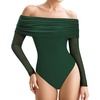 image:imageMANGOPOP Womens Off The Shoulder Long Sleeve Bodysuit Sexy Sheer Mesh Top Double Lined Body Suits Fall Outfit 2025Deep Green