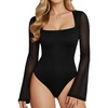 image:imageMANGOPOP Womens Square Neck Bell Sleeve Bodysuit Mesh Double Lined Body Suits Trend Going Out Tops Fall Outfits 2025A01 Black