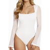 image:imageMANGOPOP Womens Square Neck Bell Sleeve Bodysuit Mesh Double Lined Body Suits Trend Going Out Tops Fall Outfits 2025A02 White