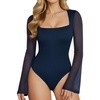 image:imageMANGOPOP Womens Square Neck Bell Sleeve Bodysuit Mesh Double Lined Body Suits Trend Going Out Tops Fall Outfits 2025Deep Blue