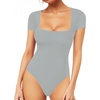 image:imageMANGOPOP Womens Square Neck Short Sleeve Long Sleeve Bodysuit Sexy Body Suits Shirt Slim Fitted Tops04 Elephant Grey Short Sleeve